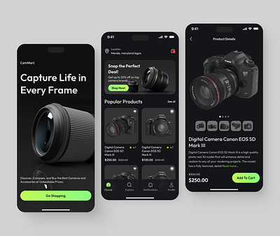 Ecommerce Mobile Application buy camera online shopping camera sales dark theme design ecommerce ecommerce app ecommerce app design ecommerce design interface marketplace mobileapp online shopping product design shop shopify shopping ui uiux ux