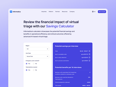 Infermedica: Savings Calculator ai animation calculator desktop form healthcare infermedica inputs landing landing page radio buttons savings savings calculator symptom checker symptoms ui ux web webdesign