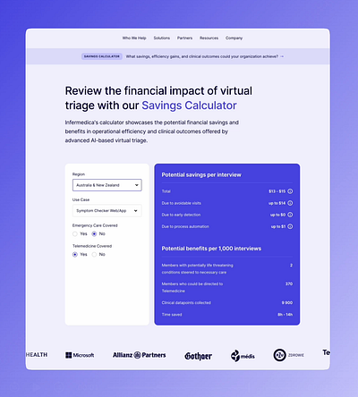 Infermedica: Savings Calculator ai animation calculator form healthcare infermedica inputs landing landing page savings savings calculator symptom checker symptoms ui ux webdesign