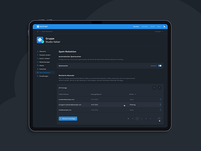 UI-Design E-Mail Accounts – Darkmode application backend control panel dark mode design e mail filter list side navigation ui user inerface