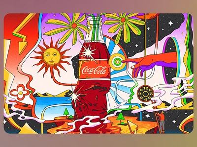 Illustration Taste of Space: Retrofuturism and Coca-Cola artisticexpression boldcolors brandillustration coca cola colorfulart cosmic creativity drinkart futuristicdesign graphicdesign illustration popart psychedelic psychedelicart retro sunandstars surrealism timeandspace vintagevibes visualjourney