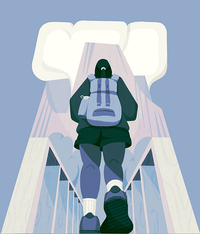 The approach abstract backpack bridge camping climbing clouds hike hiking illustration mountain outdoors person procreate