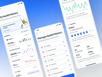 asklepios v2: AI Health & Wellness App - Health Metrics UIUX ai health assistant ai health companion ai healthcare app blue clean digital health app health metrics health tracker app health ui health ui kit healthcare app healthcare ui kit heart rate hydration minimal mobile app modern virtual care wellness app wellness ui kit