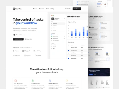 Founding - Productivity Landing Page cansaas clean design interface landing page management modern productivity productivity website saas saas websine task task management team ui ux web app web design website