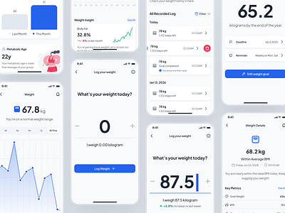 asklepios v2: AI Health & Wellness App - Weight Loss Tracker UI ai health assistant ai health companion ai healthcare app blue clean digital health app health tracker app health ui healthcare app healthcare ui kit minimal mobile app modern virtual care weight app weight loss app weight tracker app weight tracker ui wellness app wellness ui kit
