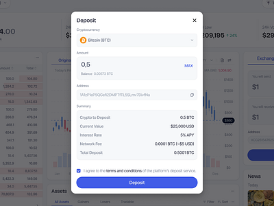 Crypto Market SaaS Web App Dashboard - Deposit blockchain buy coin coin crypto deposit deposit coin eth ethereum financial fintech market modal popup product design saas stock ui uiux web app web design