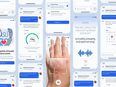 asklepios v2: AI Health & Wellness App - AI Health Assistant UI ai health assistant ai health companion ai healthcare app blue clean digital health app health assistant health companion health tracker app health ui healthcare app healthcare ui kit image recognition minimal mobile app modern virtual care voice recognition wellness app wellness ui kit
