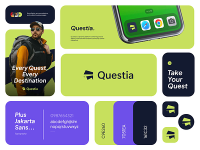 Questia - Online Travel Agency | Visual Identity agency animation app bento grid brand brand guidelines branding branding guideline design graphic design green illustration logo minimalist motion graphics online travel ui vector visual identity