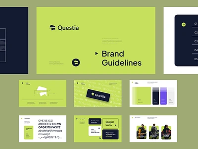 Questia - Online Travel Agency | Brand Guidelines agency animation app application bento grid brand guidelines branding branding book branding guideline design graphic design green illustration logo motion graphics online travel ui vector visual identity