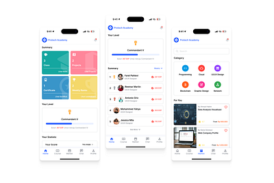 🎓 Protech Academy App - Redefining Online Learning 🌟 achivement education edutech gamification minimalism mobile mobile app modern rank simple summary ui