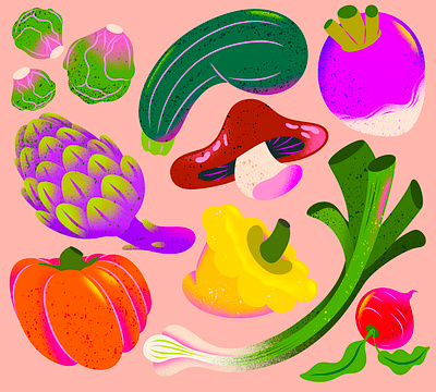 Seasonal Autumn Veggies autumn brussels sprouts food food illustration illustration illustrator melbourne mushroom procreate produce pumkin radish seasonal spring onion squash turnip