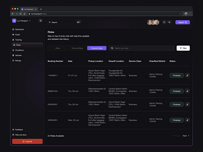 Lux Transport - Rides & Details application booking cargo clean darkmode dashboard data design list logistic minimalist schedule shipping sidebar site table transport ui ux website