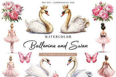 Ballerina and Swan Clipart Bundle clip art clipart commercial use custom design desktop wallpaper digital print digital wall art instant download photography backdrop pink ballerina sublimation designs sublimation png swan ballerina swan png wall prints watercolor ballerina watercolor swan