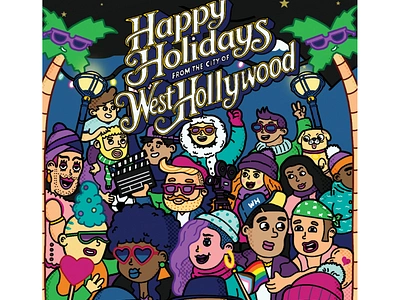 Winter in Hollywood X Daniel Sulzberg banners cartoon characters face festive hollywood people