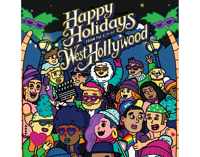 Winter in Hollywood X Daniel Sulzberg banners cartoon characters face festive hollywood people