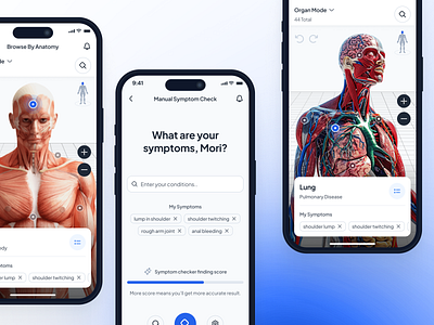 asklepios v2: AI Health & Wellness App - Symptom Checker UIUX 3d anatomy ai health assistant ai health companion ai healthcare app blue clean digital health app gradient health tracker app health ui healthcare ui kit medical app minimal mobile app modern symptom checker symptom checker app virtual care wellness app wellness ui kit