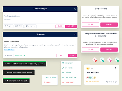 Components for Project Dashboard are you sure avatar board component dashboard delete follow kanban list menu modal notification percentage progress project step toast toast notification track tracking