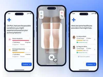 asklepios v2: AI Health Assistant - Symptom Diagnosis UIUX ai health assistant ai health companion ai healthcare app blue clean digital health app gradient health tracker app healthcare app healthcare ui kit image recognition image scan minimal mobile app modern symptom checker symptom checker app virtual care wellness app wellness ui kit