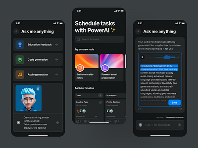 AI Assistant Mobile App | Artificial Intelligence ai app artificial intelligence assistant bot chat creative dark design interface ios minimal mobile modern project saas task manager to do ui ux