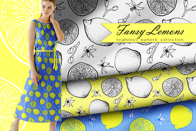 FANCY LEMONS seamless pattern design backdrop black and white blue fabric fabric design fansy lemons illustration kitchen cloth lemons monochrome seamless pattern textile design wallpaper yellow