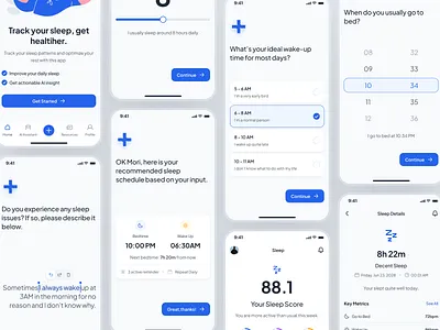 asklepios v2: AI Health & Wellness App - Sleep Onboarding UIUX ai health assistant ai health companion ai healthcare app blue clean digital health app health assistant health onboarding health tracker app health ui health ui kit healthcare app healthcare ui kit minimal mobile app modern onboarding virtual care wellness app wellness ui kit