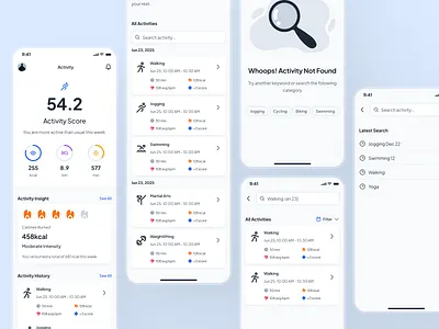 asklepios v2: AI Health & Wellness App - Activity History Search activity app activity history ai health assistant ai health companion ai healthcare app blue clean digital health app filter activity health tracker app healthcare app healthcare ui kit jogging app minimal mobile app modern search activity virtual care wellness app wellness ui kit