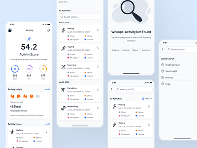 asklepios v2: AI Health & Wellness App - Activity History Search activity app activity history ai health assistant ai health companion ai healthcare app blue clean digital health app filter activity health tracker app healthcare app healthcare ui kit jogging app minimal mobile app modern search activity virtual care wellness app wellness ui kit