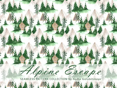 Alpine Escape seamless pattern collection alpine escape backdrop background cabins fabric design illustration mountains seamless pattern snow surface design textile design watercolor