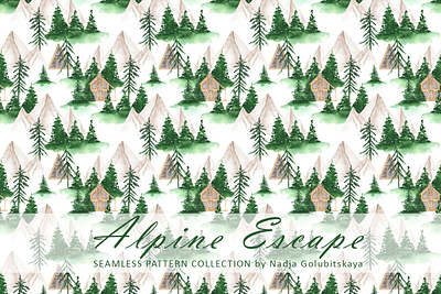 Alpine Escape seamless pattern collection alpine escape backdrop background cabins fabric design illustration mountains seamless pattern snow surface design textile design watercolor