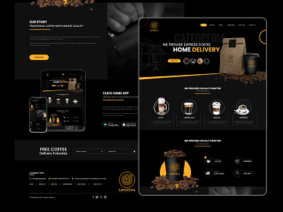 Cafeopedia - Online Coffee Ordering Platform app design black branding coffee food ordering graphic design landing page online food ordering order online ui user experience user interface ux virtualcoders web design website design yellow