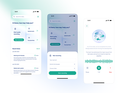 Smart Note-Taking App – Audio Recording and Management animation audio recording clean design gradients mobile app notes notes app recording app ui ux