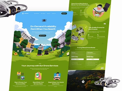 Drone services | UI Design & Custom Illustration customillustration dji drone green illustration landscape pricing rental services sky ui design videography