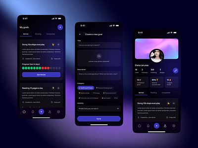 Goal Tracking App – Manage, Create, and Track Your Progress calendar categories clean design create a new goal dashboard goals app gradients mobile app progress progress tracker tabs ui user profile ux