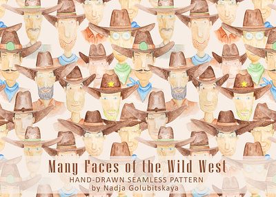 Many Faces Of The Wild West seamless pattern america backdrop background cowboy design fabric hand painted illustration rustic seamless pattern surface pattern textile wallpaper watercolor wild west