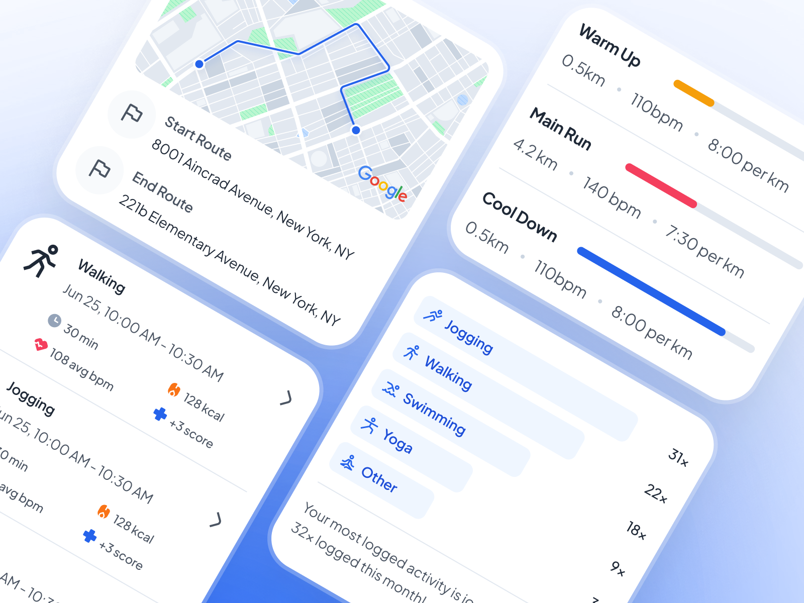 asklepios v2: AI Health & Wellness App - Activity Card UI activity card activity card ui ai health assistant ai health companion ai healthcare app blue clean digital health app gradient health tracker app healthcare app healthcare ui kit jogging card ui map card ui minimal mobile app modern virtual care wellness app wellness ui kit