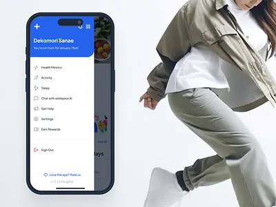 asklepios v2: AI Health & Wellness App - Side Menu Navbar UIUX ai health assistant ai health companion blue clean digital health app health tracker app healthcare app healthcare ui kit minimal mobile app modern nav bar side bar ui side menu side nav sidebar top nav virtual care wellness app wellness ui kit