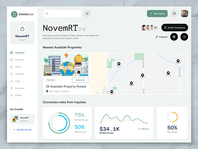 Real Estate CRM Dashboard | SaaS Design clean ui design conversion tracking crm software customer management data visualization holelore interactive map minimal interface modern dashboard property analytics property listings property management real estate agents real estate crm real estate dashboard real estate tech saas design sales performance team collaboration ui ux design