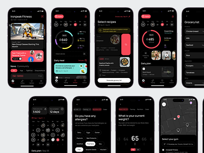 Tracker Mobile design | Gym app calories tracking daily plants design fitness grocery lists gym meal plans menu minimal mobile app nutritions onboarding progress bar steps tracking training program ui user expirience ux workouts