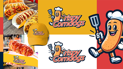 Crispy Corndogs advertising branding bussines cooking corndog cute delicious fast food flat design food happy illustration mascot mockup poster produk sausage stick vector yummy