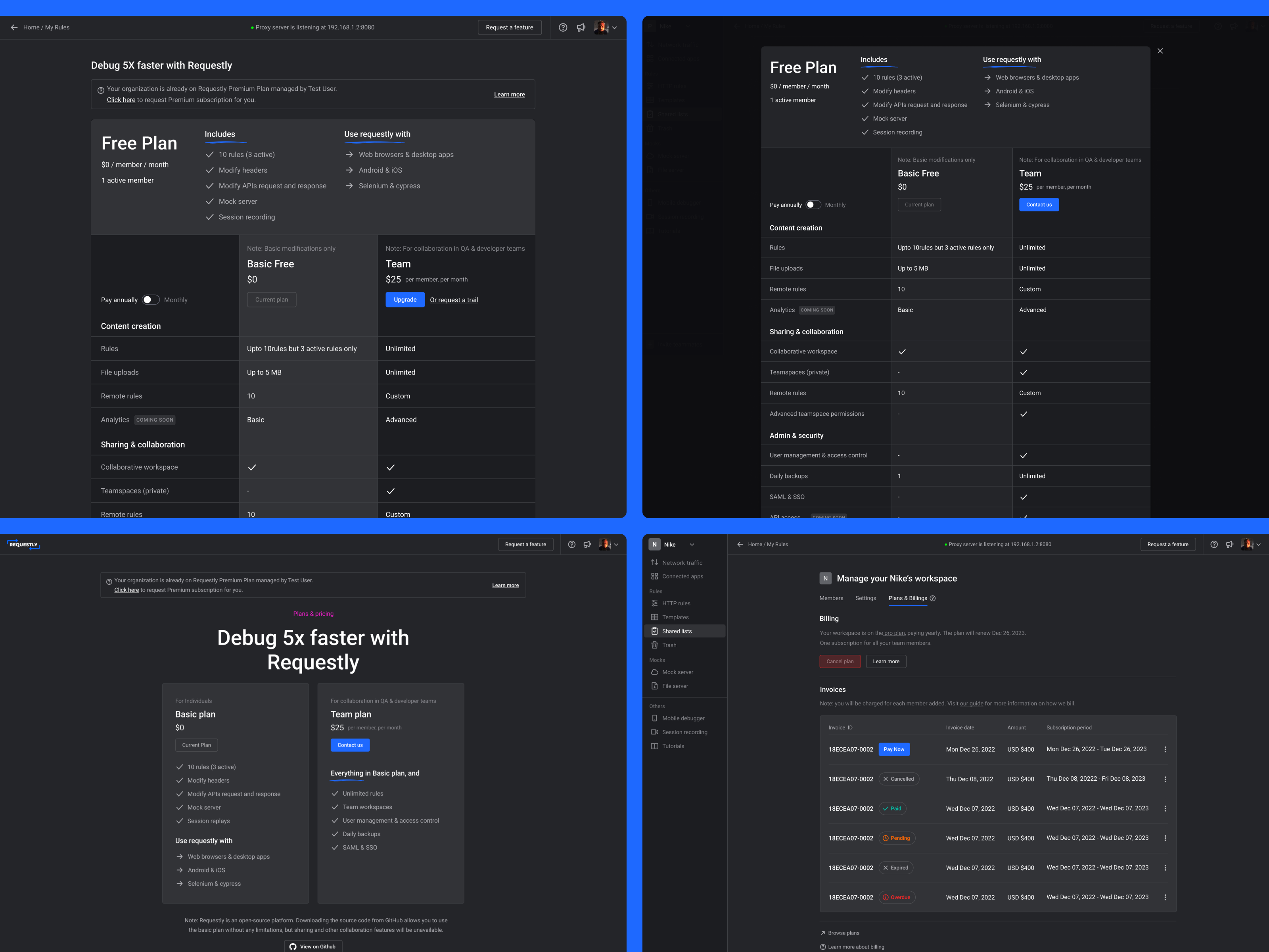 Pricing Design - Requestly.io annual billings branding contact dashboard debug extension free member pay plan price pricing requestly team ui uprade ux web website