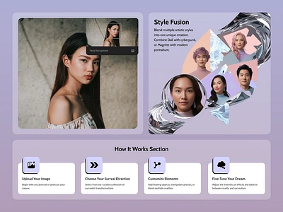 MetaMorphix: AI Portrait and Video Generator aiart aiinnovation branding designinspo figmadesign lavendervibes metamorphix portraits surrealism uidesign uiux videocreation