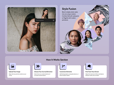 MetaMorphix: AI Portrait and Video Generator aiart aiinnovation branding designinspo figmadesign lavendervibes metamorphix portraits surrealism uidesign uiux videocreation