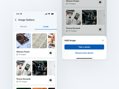 Image Gallery - Leads bottom sheet cards clean gallery image carousel lead retrieval mobile ui product design tabs