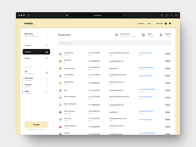 Mately 𐄂 Contact list b2b contacts list manage minimalism saas ui ux web