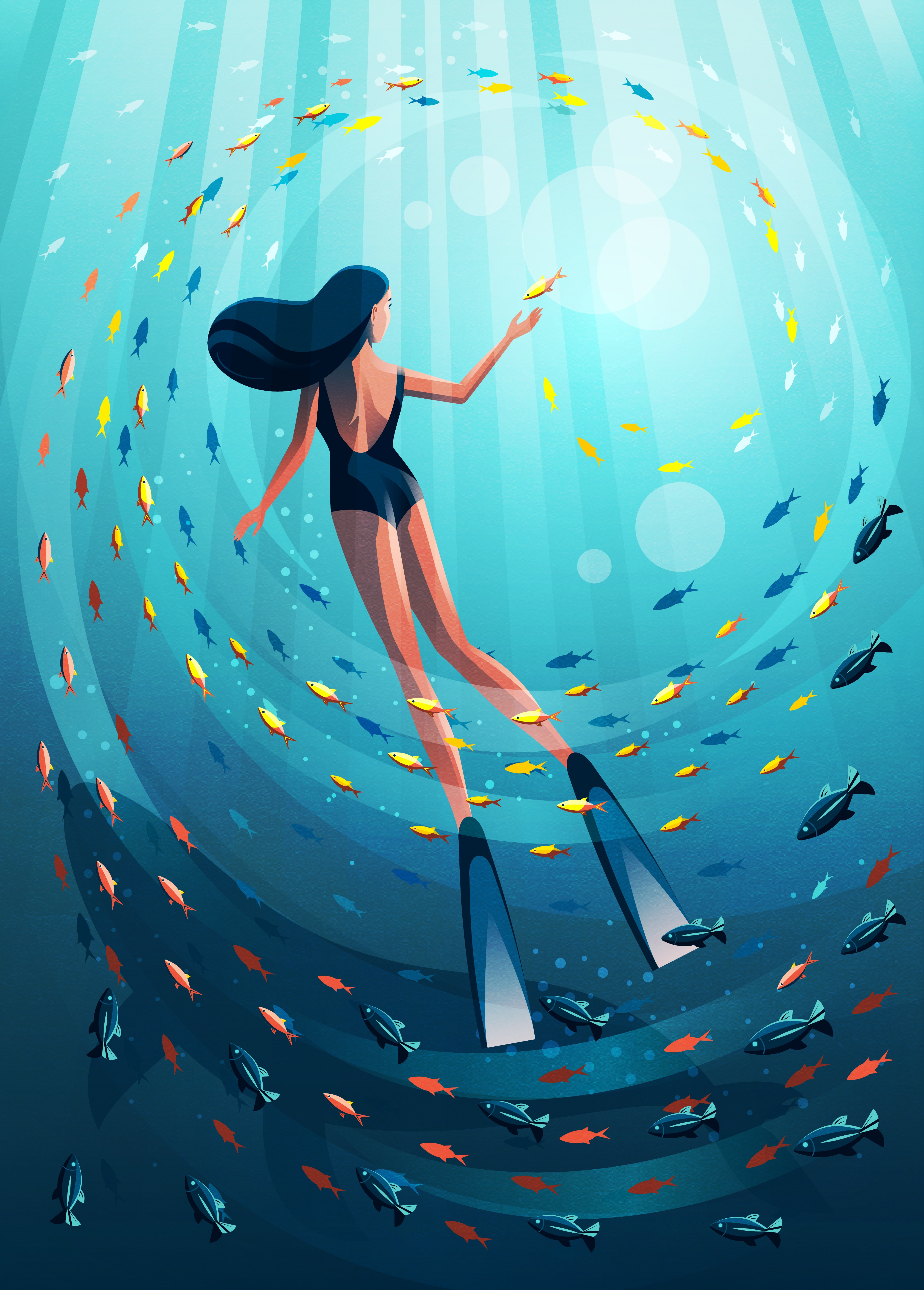 Plastic pollution awareness character climate diving earth environment fish illustration impact microplastics ocean planet plastic pollution recycle reduce reuse sea swimming woman