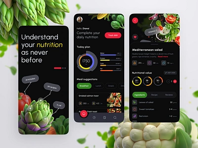 Nutrition Tracker App ai caloriecounter darkmode dietapp diettracking food gotoinc health healthapp healthcare healthgoals mealplanner mobile mobileapp modern modern ui nutritiontracker progresstracking recipeapp ux