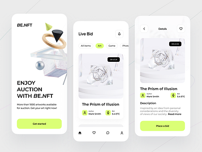 NFT Auction App Design Concept app design crypto design design concept fintechapp mobile app mobileapp nft nft collectibles onboarding ui ui inspiration ux