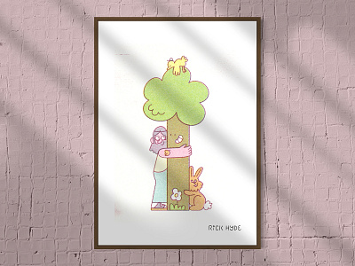 Tree Hugger earth environment flower power hippie hug illustration love nature peace poster print procreate rabbit riso riso print risograph risograph print rizzcraft tree