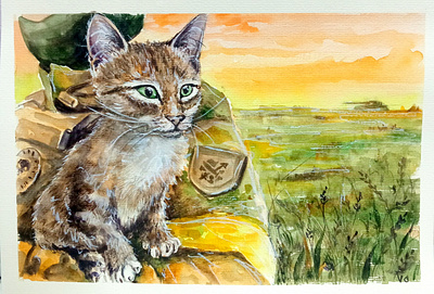 Watercolor Painting – Ukrainian Soldier with a Cat | War cat hand painted paint painting soldier ukraine ukrainian art war