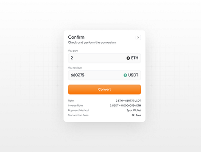 Crypo currency modal conversion bitcoin blockchain conversion crypto crypto currency crypto trading crypto wallet cryptocurrency currency ethereum exchange exchange modal light mode modal orange pop up ui design usdt